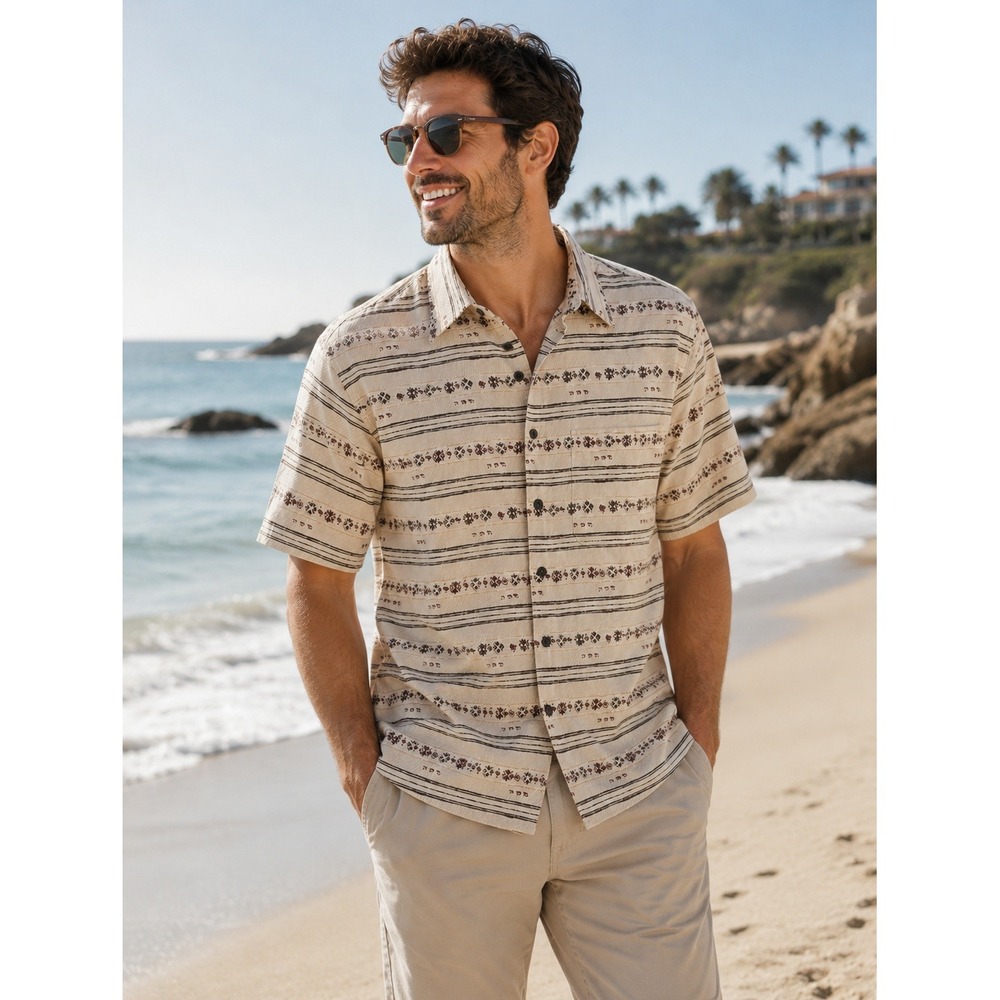 Murano‎ Mens Small Linen Cotton Short Sleeve Button Down Striped Tribal Shirt